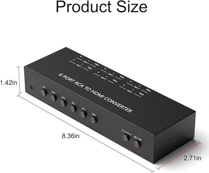 RuiPuo 6Port AV to HDMI Converter RCA/Composite/CVBS Adapter Support 16:9/4:3 Switch for Wii/N64/PS1/PS2/PS3/VHS/VCR/DVD Players etc (6Port RCA in to 1 HDMI Converter with IR Remote)