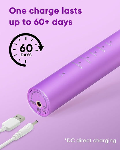 MySmile DY156 Electric Toothbrush for Adults, Rechargeable Sonic Battery Toothbrush Portable with 3 Brush Heads, 2 Mins 5 Modes Smart Timer, 45000VPM, One Charge for 60 Days - Purple