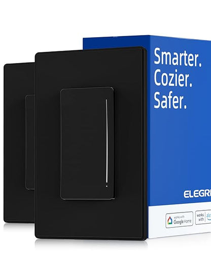 ELEGRP Smart Dimmer Light Switch DTR30, Single Pole or 3 Way, 2.4GHz Wi-Fi Touch Dimmer Compatible with Alexa/Google Assistant, Needs Neutral Wire, No Hub Required, UL and FCC Listed, Black, 2 Pack