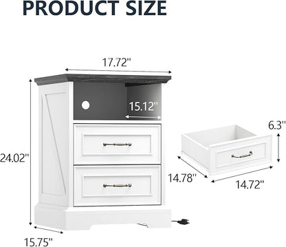 Nightstand with Charging Station,18" Wide End Table with 2 Large Drawers & Metal Handles,Rustic Farmhouse Wood Small Dresser,Bedside Table,Modern Chest of Drawers for Bedroom,Living Room,Off White