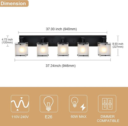 WINSHEN 5-Lights Bathroom Light Fixtures, Matte Black Modern Vanity Lights with Rectangular Frosted Glass for Over Mirror Dressing Table, E26 Bulb Base