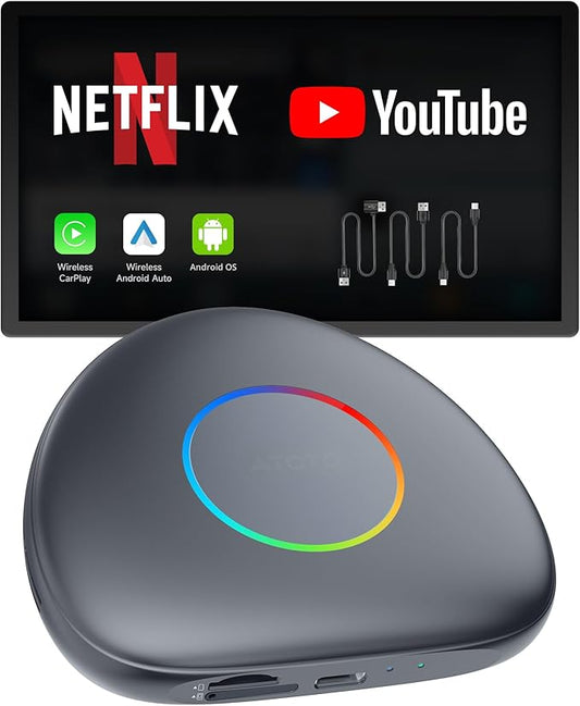 ATOTOMOVE Wireless CarPlay Magic AI Box, Upgraded CB6C Video Streaming Plug & Play Carplay Box for iPhone & Android Auto with ChatGPT, Supports YouTube, Netfilx, TikTok, 4G LTE, 4G+64G