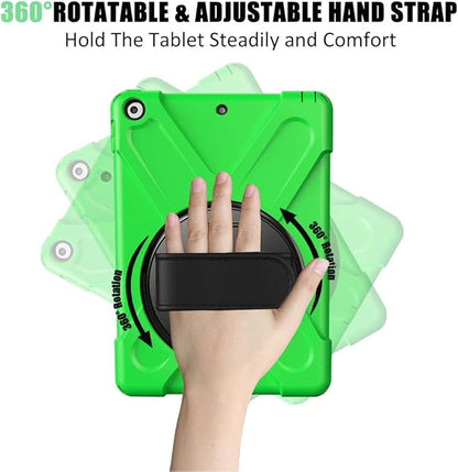 ZenRich Shockproof Case for iPad 9th/8th/7th Generation 10.2 inch 2021/2020/2019, Heavy Duty Rugged Case with Pencil Holder/360° Rotating Kickstand/Handle/Carrying Strap, Green
