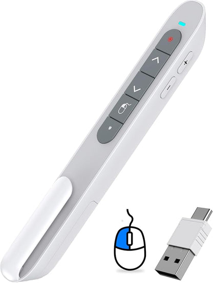 DinoFire Wireless Presentation Remote with Air Mouse White, RF 2.4GZ Rechargeable USB C Slide Clicker for Powerpoint Presentations for Laptop/Computer/MAC