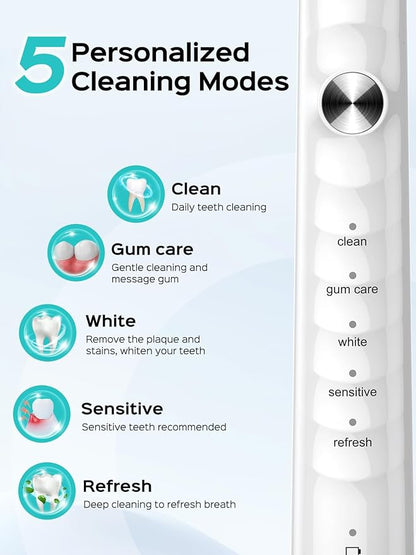 COSLUS Sonic Electric Toothbrush for Kids & Adults: 47000 VPM for Deep Cleaning & Whitening with Travel Case - 5 Modes for Sensitive Teeth & Braces, Wireless Charging, 6 Brush Heads, White (1PC)