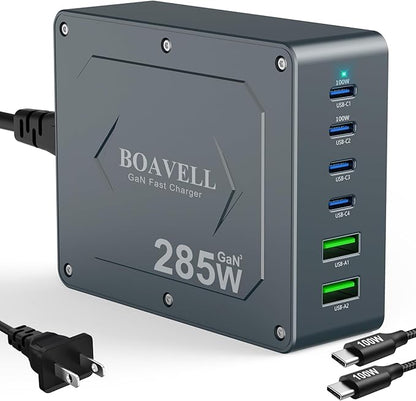 USB C Charger Block, 285W 6-Port GaN Fast Charging Station Hub with 100W Cable, Dual PD 100W Multi-Device USB C Wall Charger Adapter for iPhone 17 16 15, MacBook, Laptop, iPad, Samsung Galaxy and More