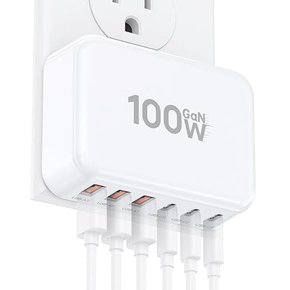 Fast Charger Block, GaN 6 Port USB C Charging Station Hub Cube, 100W Multiport Type C Wall Charger Power Strip Plug with PD 3.0+QC for iPhone13 14 15 16 17 Pro Max XR XS 8 7, Samsung, iPad, Table