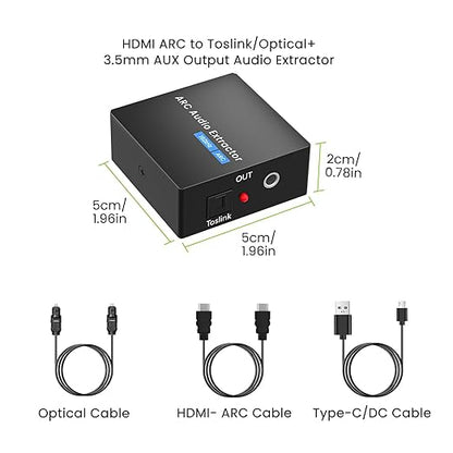 192KHz ARC Audio Extractor, HDMI ARC to Toslink/Optical+3.5mm AUX Output, HDMI to Optical Audio Adapter with Optical Cable, ARC to RCA Audio Converter for TV Amplifier Speaker/Soundbar/Headset