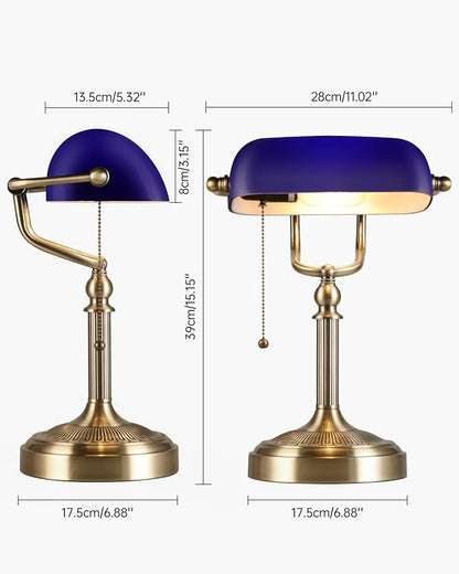Newrays Blue Glass Bankers Desk Lamp with Pull Chain Switch Plug in Fixture for Home Office,Library