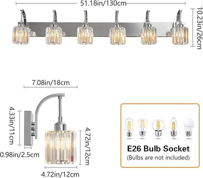 FDPBY 6-Light Crystal Vanity Light, Chrome Modern Wall Sconce with K9 Crystal Shades, 51.18" Long Over Mirror Lighting for Bathroom, Makeup, Hallway, Elegant & Easy Install