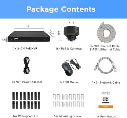 PANOOB 16 Channel Security Camera System 4K PoE, 16x 8MP IK10 Vandal Proof Dome Camera w/Smart Human Vehicle Detection, Wired IP Camera Outdoor Built-in Mic, 4K 8MP 16CH NVR 4TB HDD, PD54B1616-8M