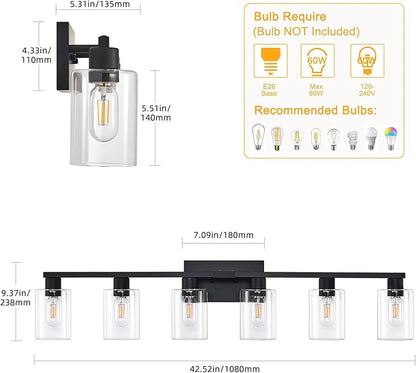 SOPEAS 6-Light Bathroom Vanity Light Black Vanity Lights for Bathroom Light Fixtures Matte Black 6 Light Fixtures with Clear Glass Shades for Bath Over Mirror