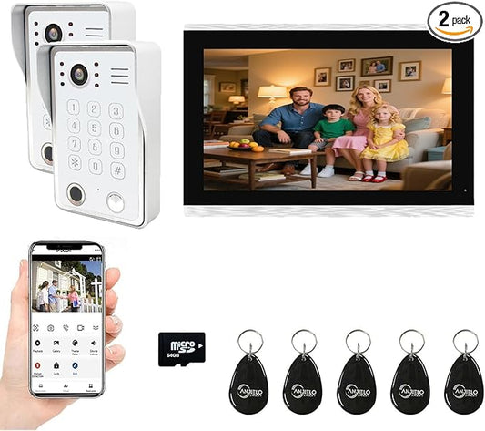 Wired Video Door Phone Kit Apartment Intercom System,10 Inch Touch Screen Monitor(Silver)with 1080P HD Doorbell Camera,Supporting Motion Detecting 5 in 1 Unlcking (2 Doorbell + 1 Monitor)