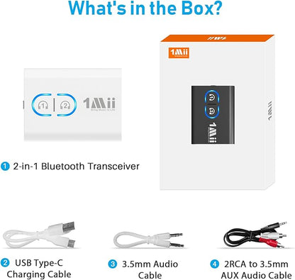 1Mii Bluetooth Transmitter Receiver for TV/Airplane to Headphones, Bluetooth 5.3 AUX/RCA Audio Adapter with aptX Adaptive/Low Latency/HD Audio, Dual Link, Wireless Receiver for Home Stereo, Boat, Gym