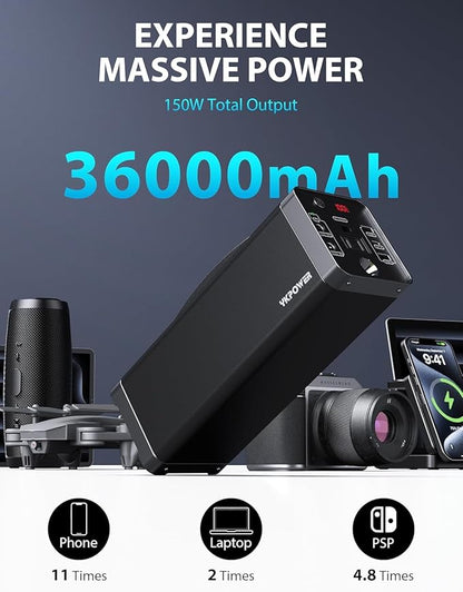 YKPOWER Portable Power Station 150W, 133.2 Wh/36000mAh Fast Charging, Portable Power Bank with 5 Outputs, AC Outlets, LED Light for Backup Home Outdoor Emergency Travel Camping RV
