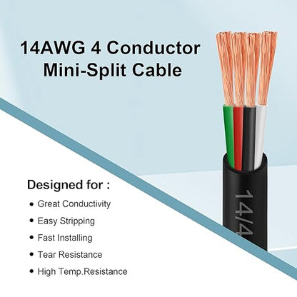 MOOKEERF 14/4 AWG Mini-Split Cable - 250FT 14 AWG 4 Conductor Control Cable 300V Stranded Oxygen-Free Pure Copper Wire for Mini Split Air Conditioner,Heat Pump,HVAC Systems and Speaker Systems