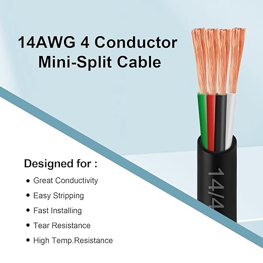 MOOKEERF 14/4 AWG Mini-Split Cable - 50FT 14 AWG 4 Conductor Control Cable 300V Stranded Oxygen-Free Pure Copper Wire for Mini Split Air Conditioner,Heat Pump,HVAC Systems and Speaker Systems