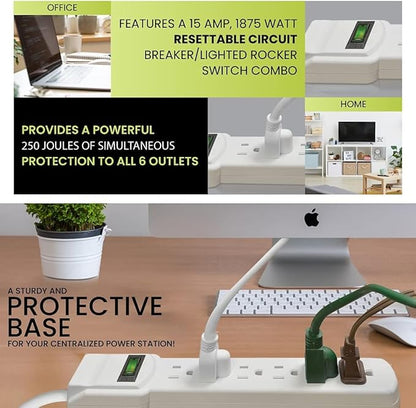 GoGreen Power Inc. (G-16106MS-2) 6 Outlet Surge Protector, 6FT Cord, White, 2 Pack