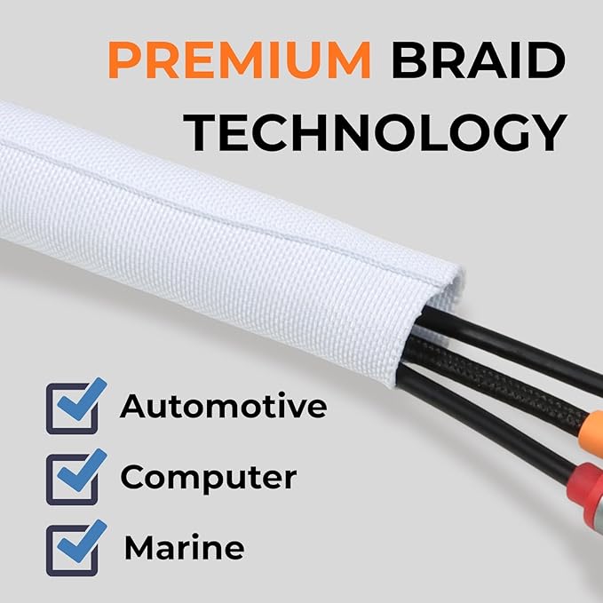 HOLED 5/16 inch Split Braided Cable Management Sleeve for USB Cable Power Cord Audio Video Cable, Wire Loom Cord Protector from Cat Dog Chewing (White, 10FT)