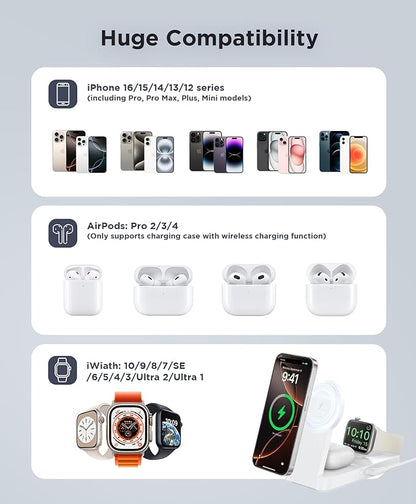 3 in 1 Magnetic Wireless for iPhone Charging Station: Foldable Portable Charger for iPhone 16-12 Pro Max & Apple Watch & AirPods, for Apple Multiple Devices Charger for Home,Office&Travel