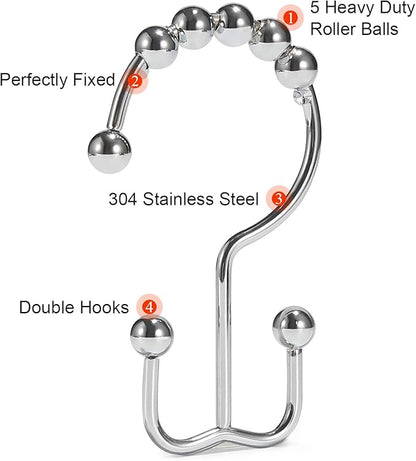 Shower Curtain Hooks, Goowin Shower Curtain Rings, Stainless Steel Shower Curtain Hooks Rust Proof Free Sliding Double Shower Hooks for Curtain, Shower Curtains & Liners (Chrome)