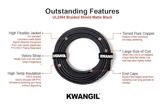 KWANGIL 10C 24AWG AMSB Shielded Cable Wire (UL2464) - Highly Flexible Str TC, PVC Ins, OS+TC BRD, PVC JKT for CNC Machine, Stepper Motor, VFD Spindle (Matte Black 25FT)