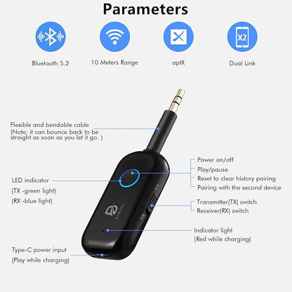 Bluetooth 5.2 Audio Transmitter Receiver for TV, Bluetooth Transmitter for Headphones, 2 BT Devices Connections, 3.5mm Jack Aux Airplane Headphone Adapter for Car/Home Stereo, Black