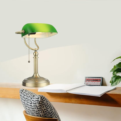 Newrays Green Glass Bankers Desk Lamp with Pull Chain Switch Plug in Fixture,USB Fast Charging Port