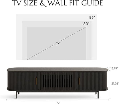 POVISON Fully-Assembled Mid Century Modern TV Stand, Sliding Tambour Door Entertainment Center with Storage, Wood TV Console, Media Console for Living Room Bedroom(Black, 78.74")