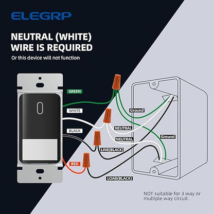 ELEGRP Matte Black Single Pole Occupancy Motion Sensor Light Switch, Need Neutral Wire, 120° Sensor Coverage PIR Infrared Motion Activated, for CFL/LED/MLV/INC/HAL/Fan, UL,10 Pack