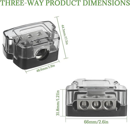 BOJACK 3 Way Power Distribution Connecting Block 1x0/2/4 Gauge Input 3x4/8 Gauge Output Power Distribution Block for Car Amplifier Audio Splitter