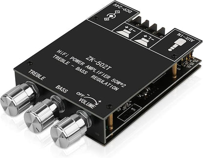 ZK-502T Power Amp Bluetooth 5.0 Audio Amplifiers Board 2.0 Channel 50W+50W AUX BT DC12-24V Mini Stereo Amplifier Module with Treble and Bass for DIY Home Speakers