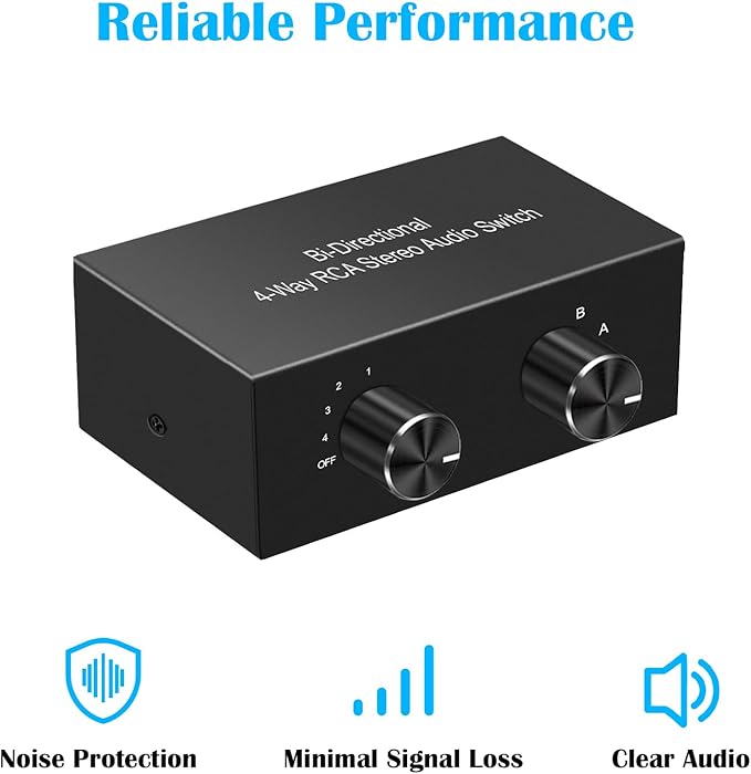 Y.D.F 4-Way Bi-Directional RCA Switch, HiFi AV L/R Sound Channel 2 in 4 Out or 4 in 2 Out, L/R Sound Channel Audio Switcher Splitter RCA Stereo Selector for DVD Stereo Speaker CD Player