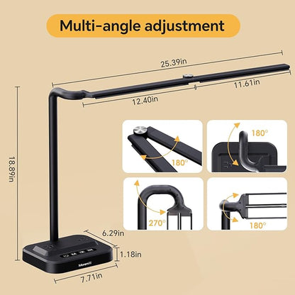 Moremili Adjustable LED Desk Lamp for Home Office | Integrated Power Hub with 2 Wide-Spaced AC Outlets, USB-C & USB-A Charging Ports | Anti-Glare Light, Foldable Design & Surge Protection