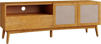 Calista TV Stand 1 Drawer 2 Door – Teak Brown Finish Media Console with Open Shelf & Fabric Panel Doors, Mid-Century Modern Style with Tapered Legs, Easy Assembly