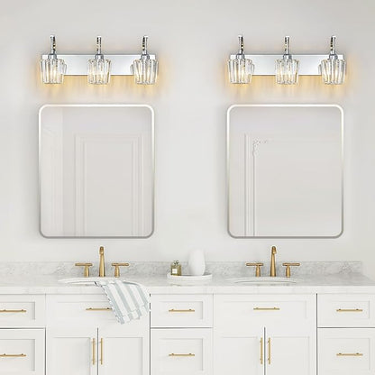 FDPBY Modern Bathroom Vanity Light, 3-Light Chrome Wall Sconce with Crystal Accents, Over Mirror Bathroom Lighting Fixture, 23.62" Long Dimmable Vanity Lamp for Makeup, Easy Installation