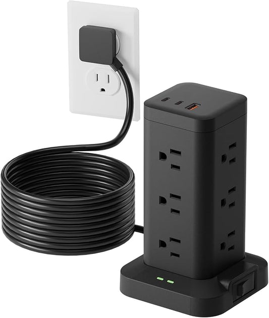 Tagzilo 15-in-1 Power Strip Tower with Surge Protector 1800J, Fast Charging Tower PD20W USB-C Ports with 12 AC Outlets, 15ft Extension Cord for Home Office Dorm Room, Black