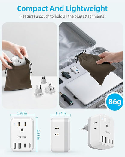 PAEWOK European Travel Plug Adapter Set, 8-in-1 Travel Adapter with 4 AC, 4 USB Ports (2 USB C), US to EU/UK Universal Adapter, International Power Adapter with Type C/G/A/I/D/M Detachable Plugs