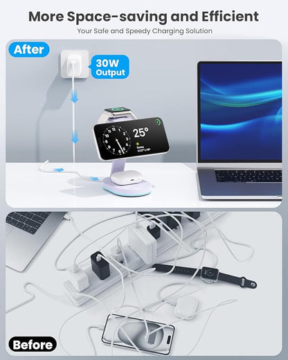 3 in 1 Wireless Charger Charging Station for iPhone,Qi2 Certified 15W Magnetic Charging Stand for Mag-Safe with 30W USB C Adapter&Friendly Night Light for iPhone 16/15/14/13/12,Apple Watch,AirPods