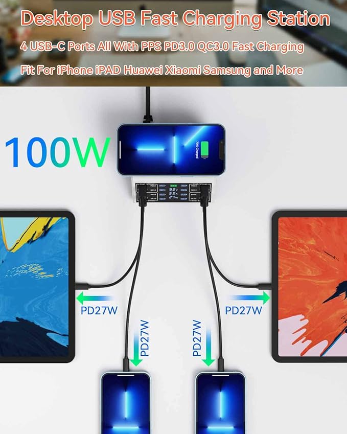 USB Charging Station,100W 8-Port Charging Station for Multiple Devices with 4 QC3.0+4 USB-C PD Ports,Wireless Charger,Multi Fast Charging Hub Charger Station for iPhone,Samsung, iPad