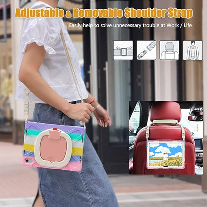 SCSVPN Kids Case for iPad (A16) 11th/10th Generation 11-inch/10.9 Inch 2025/2022, Full Body Shockproof Protective Cover with Pencil Holder, Rotating Stand & Handle, Shoulder Strap - Colorful Pink
