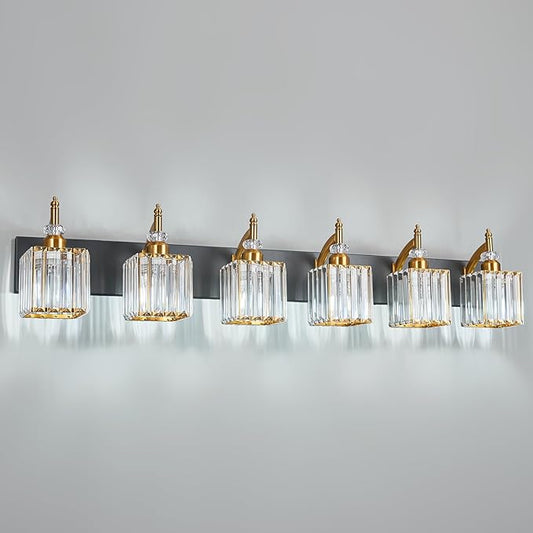 BBLLWJ Modern Black Gold 6 Light Bathroom Vanity Light Crystal Bathroom Light Fixtures Over Mirror