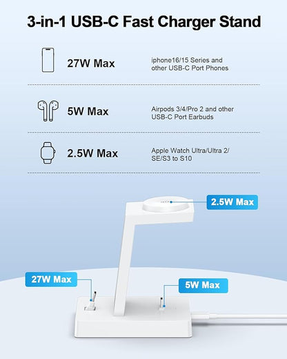 30W Fast Charging Station for Apple Devices - ADADPU 3 in 1 USB C Charger Stand for iPhone 16 15 Pro Max Plus & AirPods 4, Wireless Charger Dock Compatible with Apple Watch Ultra/10/9/8/7/6/5/4/3/2/SE