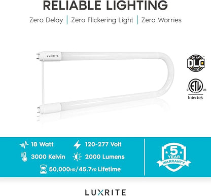 LUXRITE U Bend LED Tube Light, T8 T12, 18W (32W Equivalent), 3000K Soft White, 2000 Lumens, Fluorescent Light Tube Replacement, Direct or Ballast Bypass, DLC and ETL Listed, G13 Base (4 Pack)
