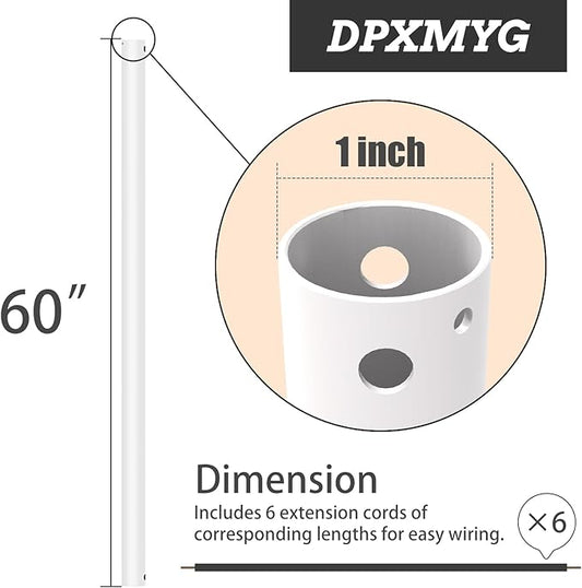 DPXMYG 60 inch Ceiling Fan Downrod with Extension Cord, 5 FT White Downrod for Ceiling Fan, 1 inch Outside Diameter, Ceiling Fan Boom Suitable for a Wide Range of Fans (White, Not Threaded)