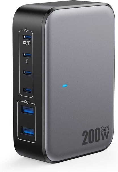 USB C Charger 200W USB Charging Block,6 Ports GaN IV Foldable Wall Charger Outlet Plug,QC4.0 Fast Charging Station Hub,PD 65W Laptop Adapter for MacBook Pro/Air,Dell,iPhone 16/15,Galaxy,Steam Deck