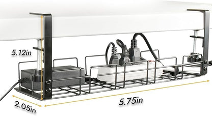 Under Desk Cable Management Tray No Drill 2pack Kit- 15.7'' Long 5.1'' Wide Tray, Steel Cord Organizers, 4 Cable Holder, 12 Roll Cable Organizer Straps, No Drill, No Damage to Desk(Black)