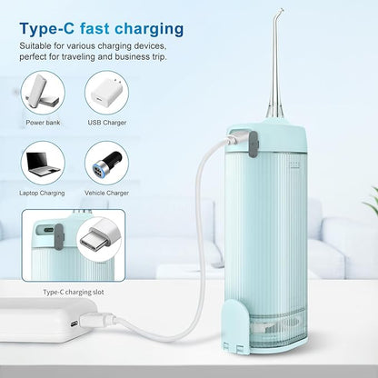 JNGOODS Mini Portable Water Flosser Oral Irrigator Water Teeth Cleaner Pick, Telescopic Water Tank, 4 Modes & IPX7 Waterproof, Home & Travel Water Flossers for Teeth, Braces Bridges Care. (Pearl Blue)