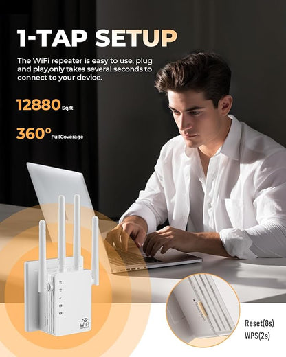 WiFi Extender, WiFi Extender Signal Booster Dual-Band(5.8G&2.4G) Wireless Repeater Coverage to 12880 sq. ft & 105 Devices, 1-Tap Setup, Supports Ethernet Port, Faster Speed