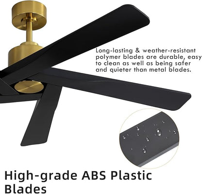 WINGBO 64" ABS DC Ceiling Fan No Light, 5 Blade ABS Plastic Ceiling Fan with Remote, 6-Speed Reversible DC Motor, Ceiling Fans without Light for Kitchen Bedroom Living Room, Brass and Matte Black